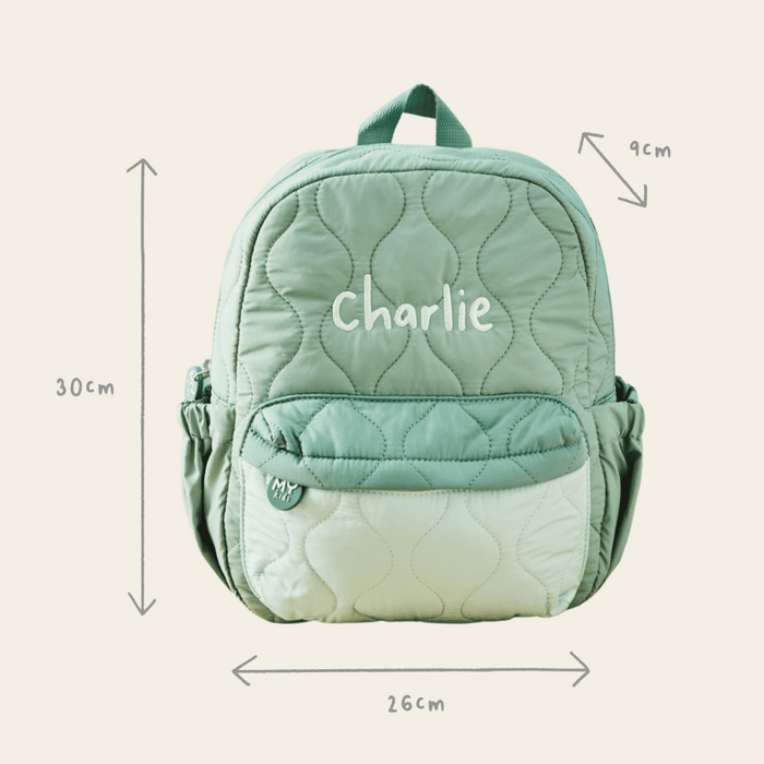 My Kids Personalised Colour Block Quilted Medium Backpack in Sage