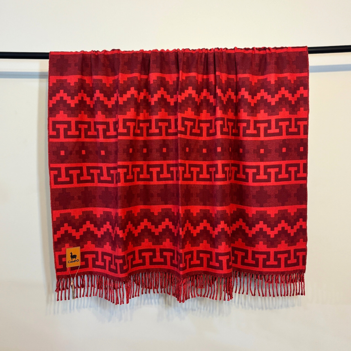 Red patterned scarf with fringes on a white background