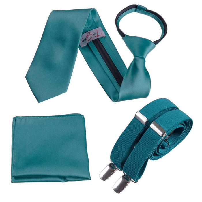 Neck Tie Pocket Square and Adjustable Stretch Suspender Set - Tuxgear