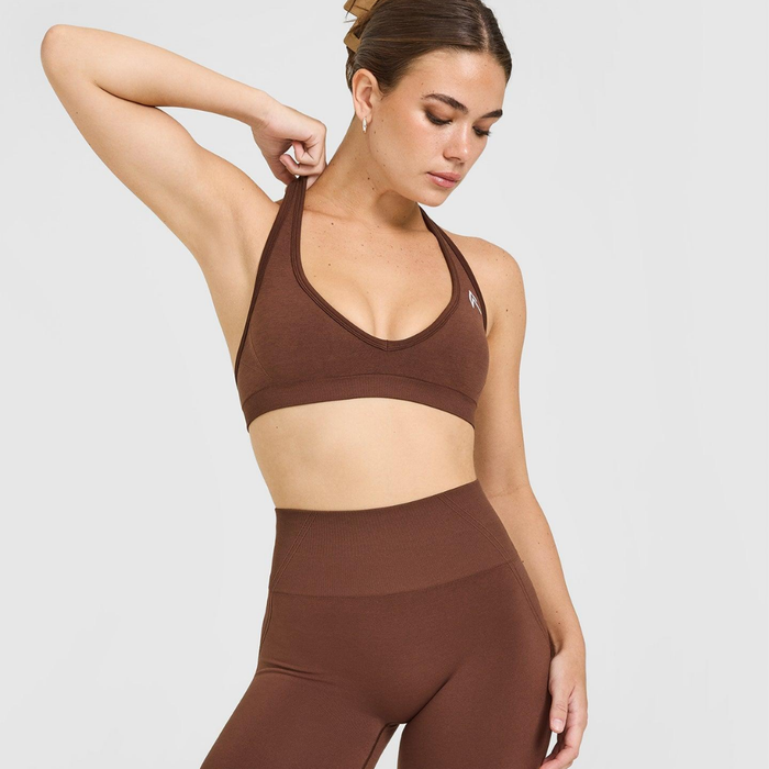 Oner Active - Effortless Seamless Halter Neck Sports Bra with White Logo | Rustic Brown