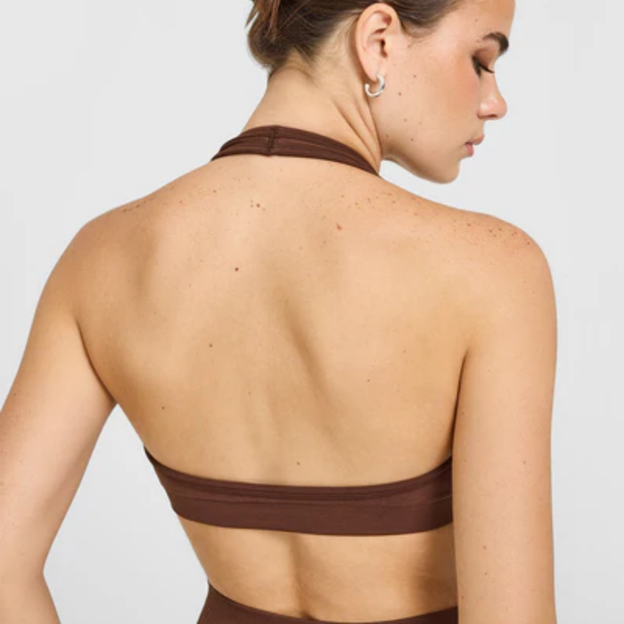Oner Active - Effortless Seamless Halter Neck Sports Bra with White Logo | Rustic Brown