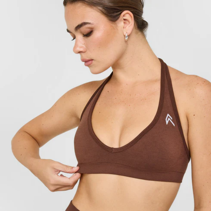 Oner Active - Effortless Seamless Halter Neck Sports Bra with White Logo | Rustic Brown