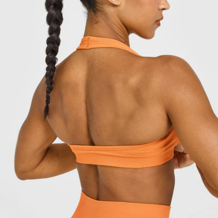 Oner Active - EffortlessLift Seamless Halter Neck Sports Bra with White Logo | Apricot Orange
