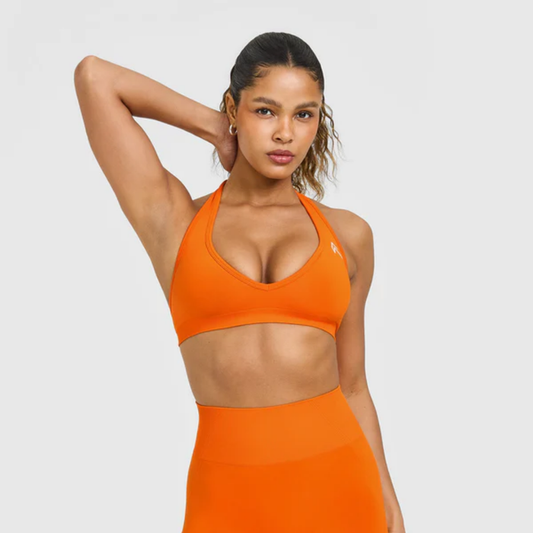 Oner Active - EffortlessLift Seamless Halter Neck Sports Bra with White Logo | Flame Orange