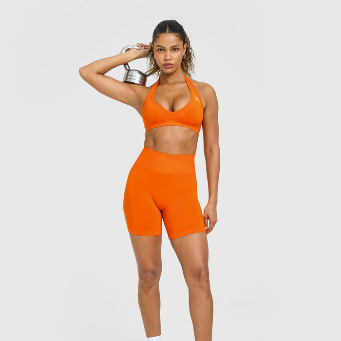 Oner Active - EffortlessLift Seamless Halter Neck Sports Bra with White Logo | Flame Orange