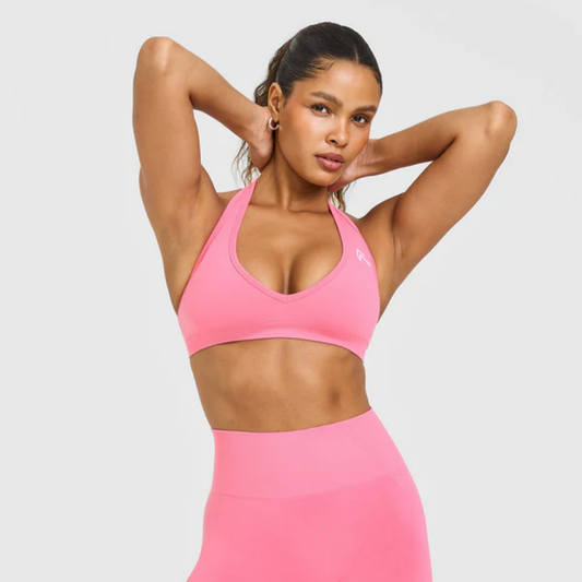 Oner Active - EffortlessLift Seamless Halter Neck Sports Bra with White Logo | Peony Pink