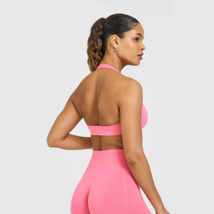 Oner Active - EffortlessLift Seamless Halter Neck Sports Bra with White Logo | Peony Pink