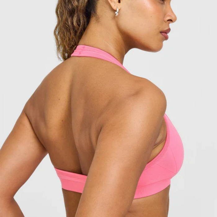 Oner Active - EffortlessLift Seamless Halter Neck Sports Bra with White Logo | Peony Pink