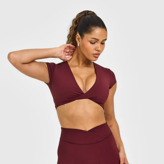 Oner Active - UnifiedMove Twist Front Short Sleeve Crop Top White Logo | Rosewood