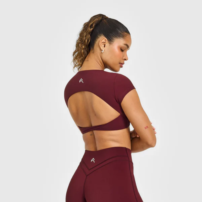 Oner Active - UnifiedMove Twist Front Short Sleeve Crop Top White Logo | Rosewood