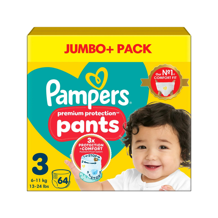 Pampers Premium Protection Jumbo Pack Pants Size 3, 64 Nappies, 6-11kg