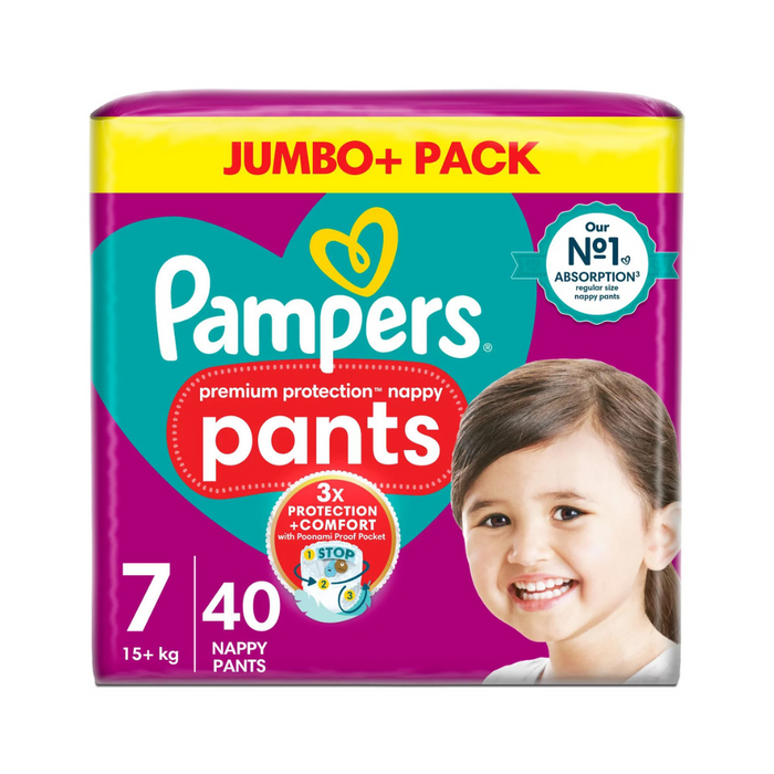 Pampers Premium Protection Nappy Pants Size 7, 40 Nappies, 15+ kg Jumbo+ Pack