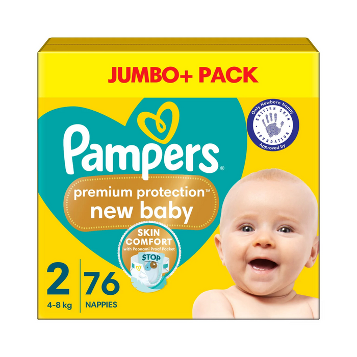 Pampers Premium Protection New Baby Size 2, 76 Nappies, 4-8kg Jumbo+ Pack
