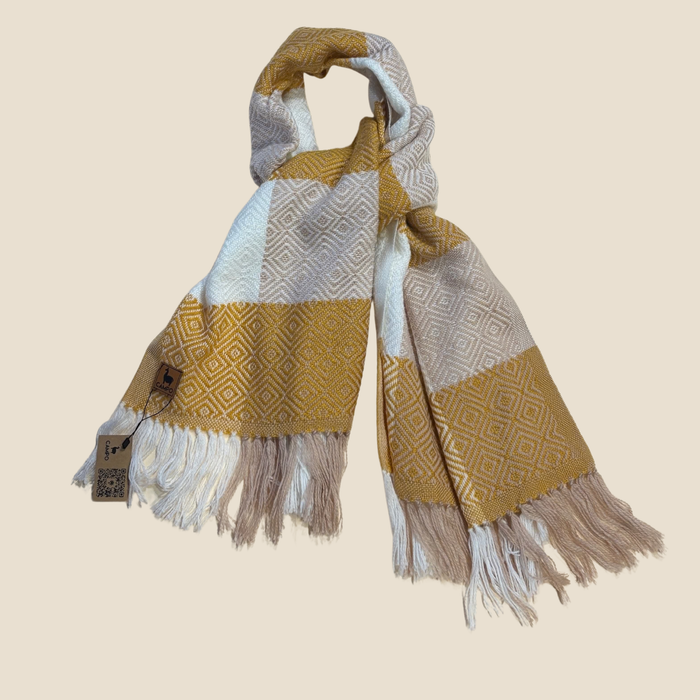 Woven scarf with geometric pattern and fringes on a beige background