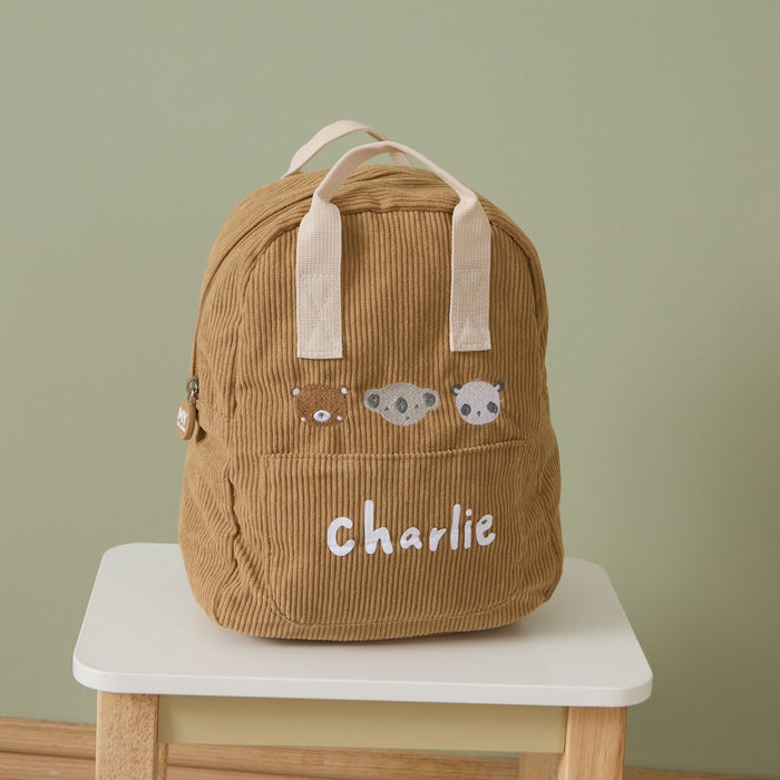 Personalised 3 Bear Faces Mini Caramel Cord Backpack