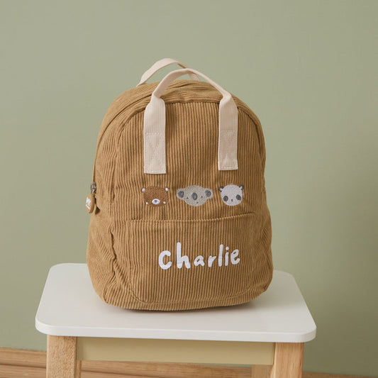 Personalised 3 Bear Faces Mini Caramel Cord Backpack