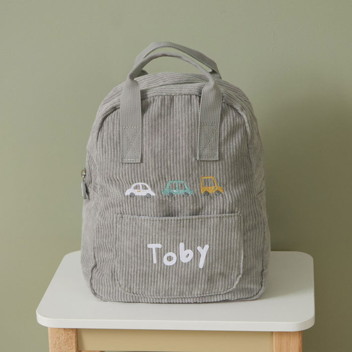 Personalised 3 Cars Embroidered Grey Cord Backpack