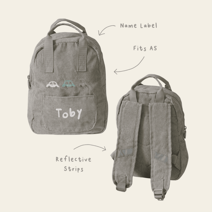 Personalised 3 Cars Embroidered Grey Cord Backpack