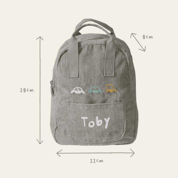 Personalised 3 Cars Embroidered Grey Cord Backpack