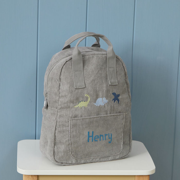 Personalised 3 Dinos Embroidered Grey Cord Backpack