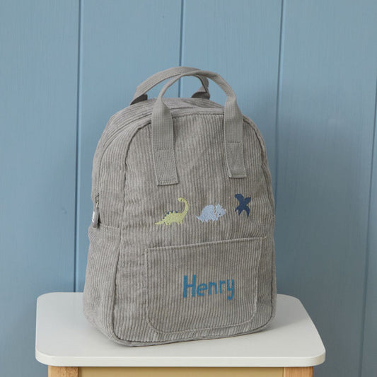 Personalised 3 Dinos Embroidered Grey Cord Backpack