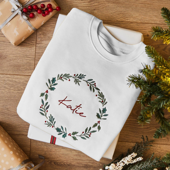 Personalised Adults' White Traditional Wreath Christmas Jumper
