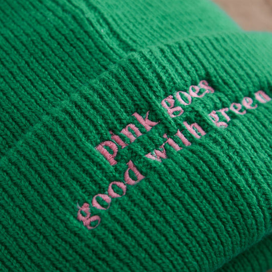 Personalised Beanie Hat with Customisable Slogan in Green