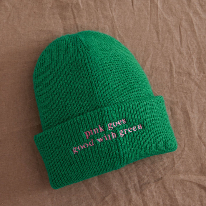 Personalised Beanie Hat with Customisable Slogan in Green