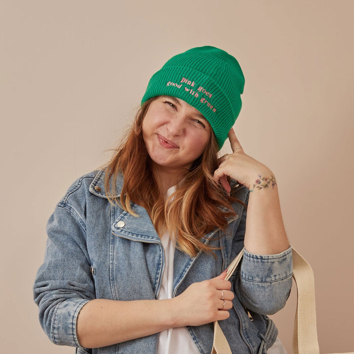Personalised Beanie Hat with Customisable Slogan in Green
