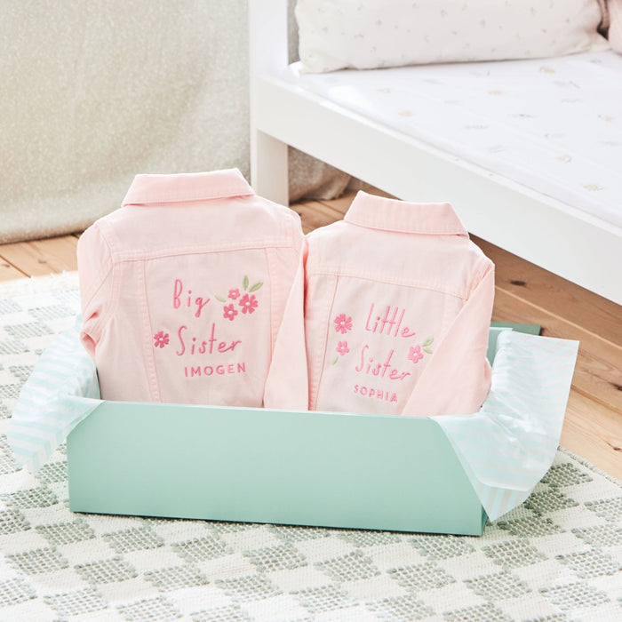 Personalised Big Sister & Little Sister Pink Denim Jacket Gift Set