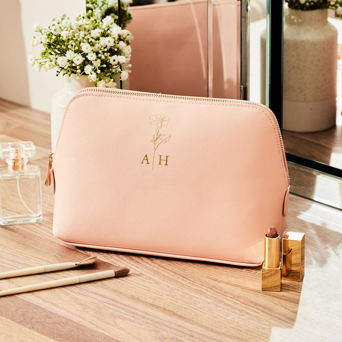 Personalised Birth Flower Large Pink Make-Up Bag by Made Yours