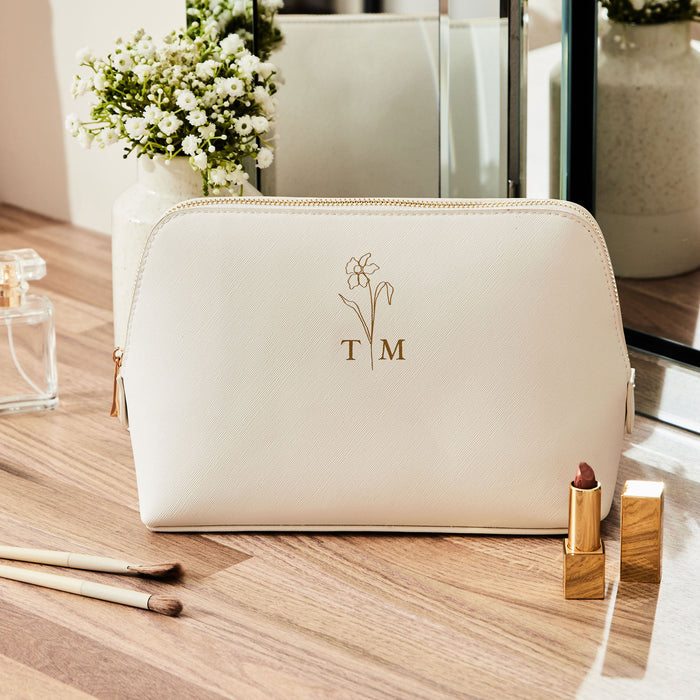 Personalised Birth Flower Large White Make-Up Bag by Made Yours