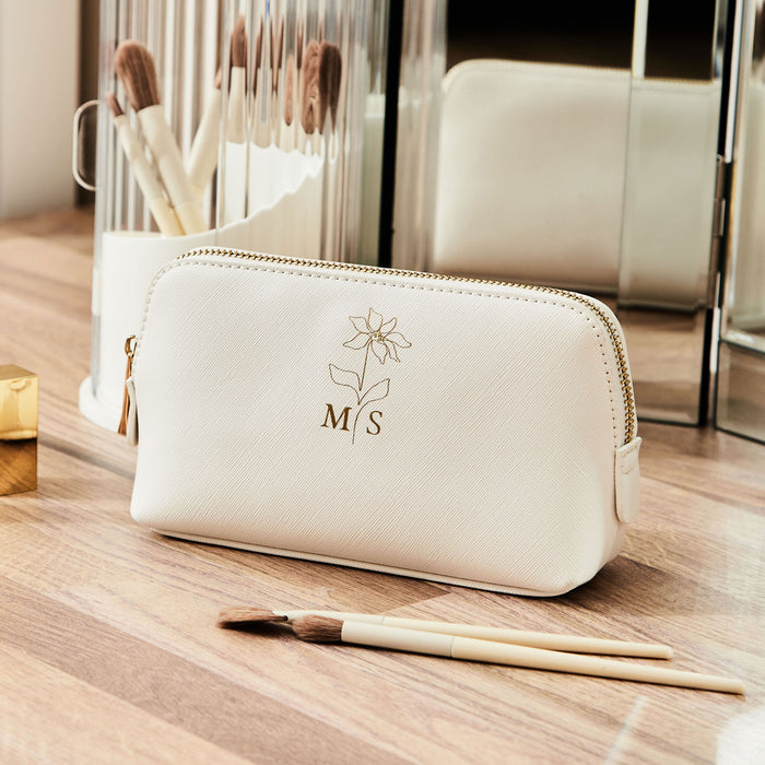 Personalised Birth Flower White Medium Make-Up Bag