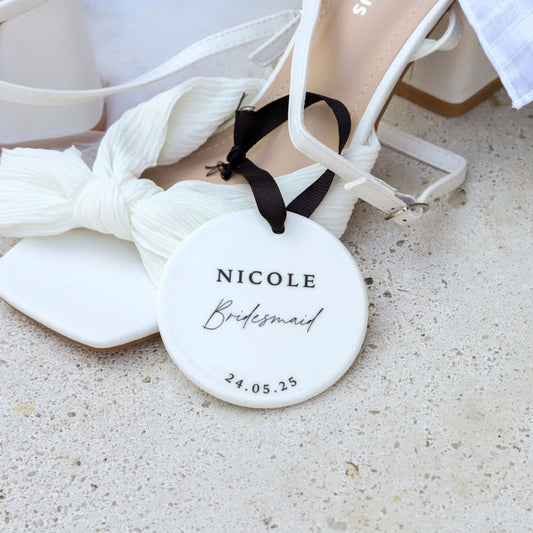 Personalised Black & White Bridal Party Ceramic Hanging Disc Decoration