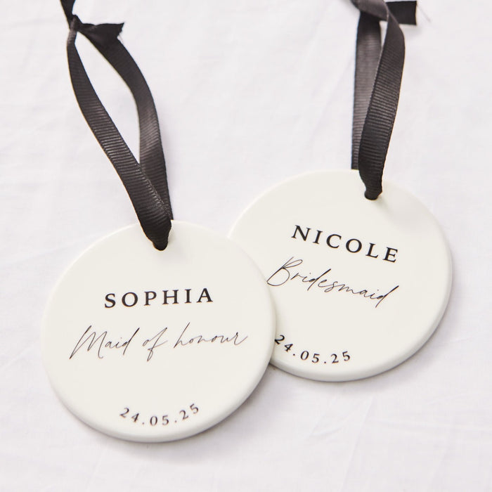 Personalised Black & White Bridal Party Ceramic Hanging Disc Decoration