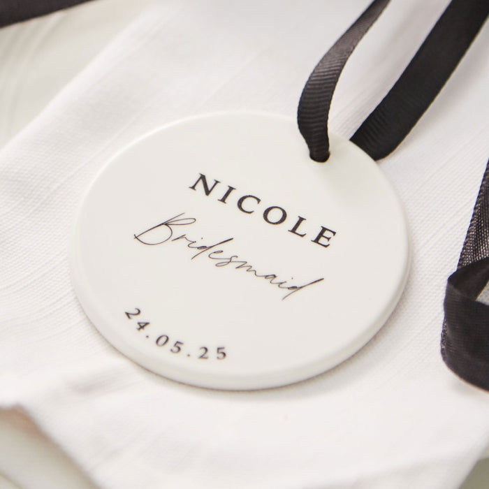 Personalised Black & White Bridal Party Ceramic Hanging Disc Decoration