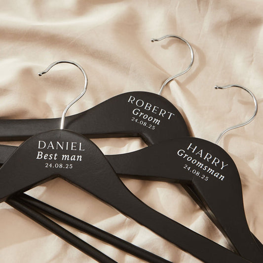 Personalised Black & White Wedding Wooden Coat Hanger in Black