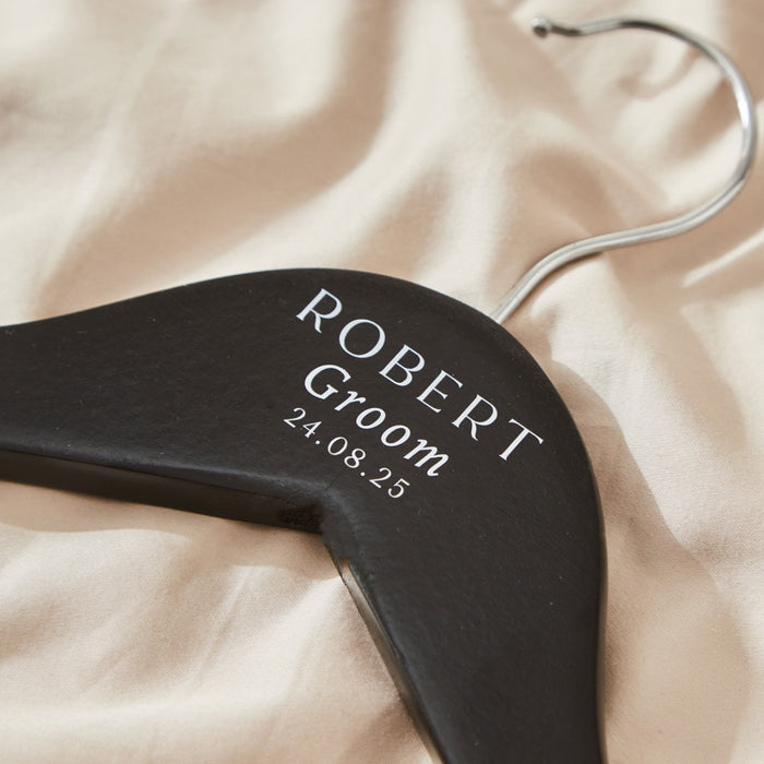 Personalised Black & White Wedding Wooden Coat Hanger in Black
