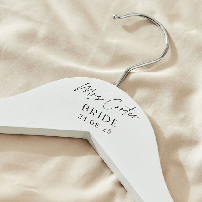 Personalised Black & White Wedding Wooden Coat Hanger in White