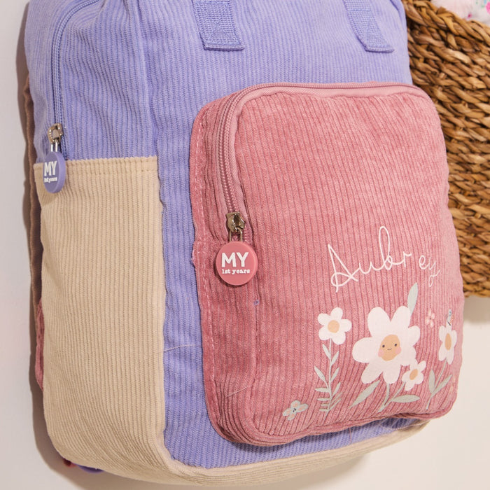 Personalised Blossom & Bloom Medium Patchwork Pink Cord Backpack