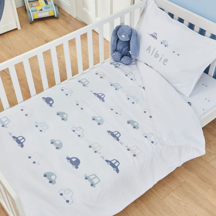 Personalised Blue Car Print Toddler Duvet and Pillow Set 150x120cm