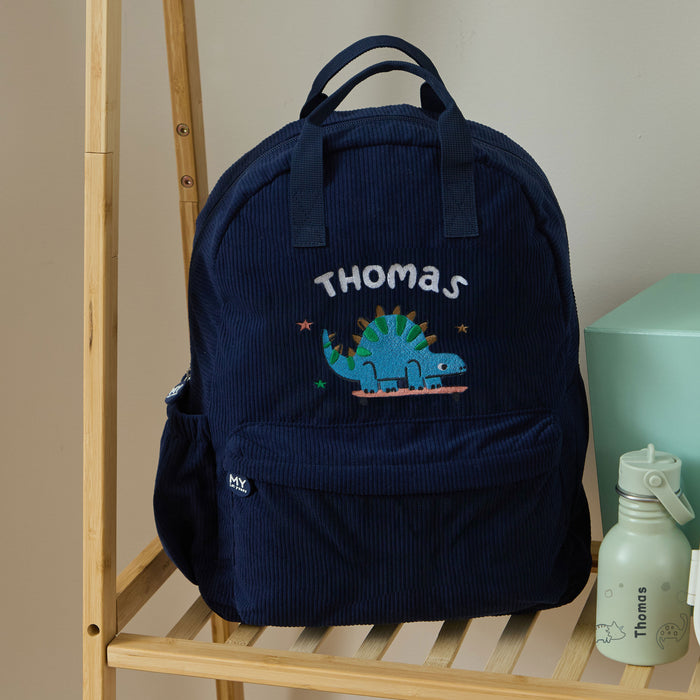 Personalised Blue Dino Large Navy Cord Backpack