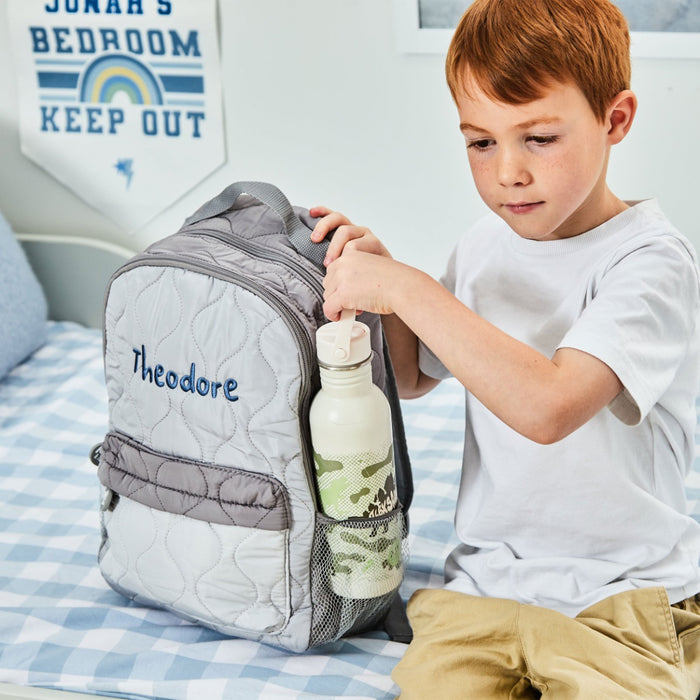 Personalised Blue Font Large Grey Quilted Backpack