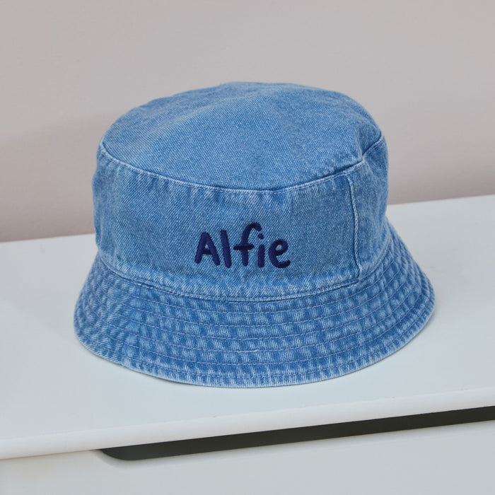 Personalised Blue Lettering Denim Bucket Hat