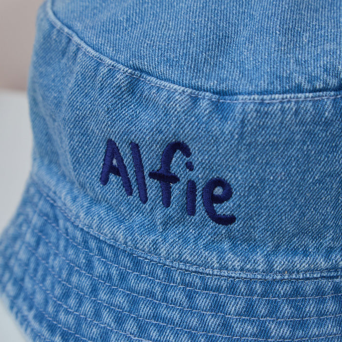Personalised Blue Lettering Denim Bucket Hat