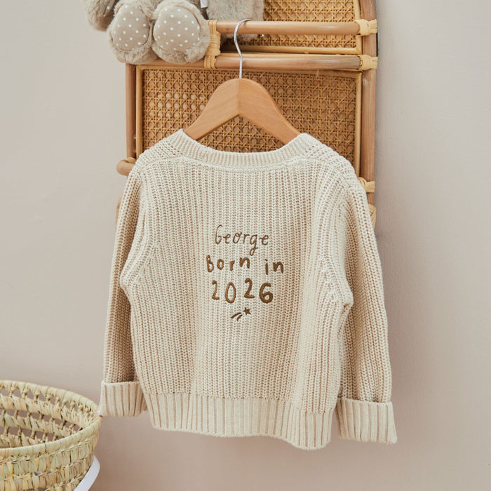 Personalised Born In 2026 Oatmeal Knitted Cardigan