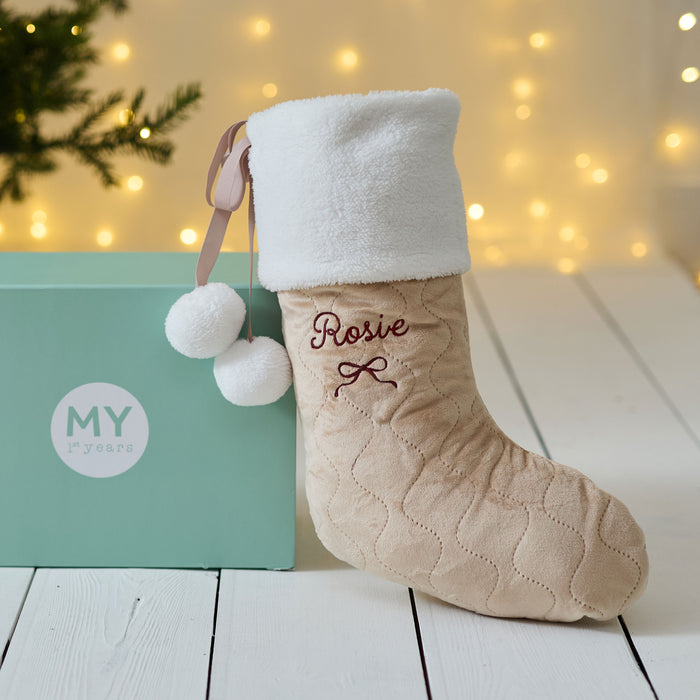 Personalised Bow Oatmeal Velvet Stocking