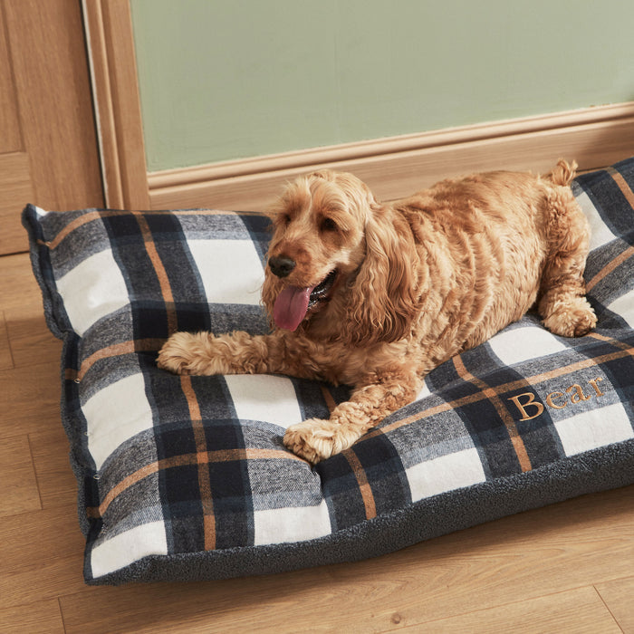 Personalised Deep Duvet Navy Check Large Dog Bed