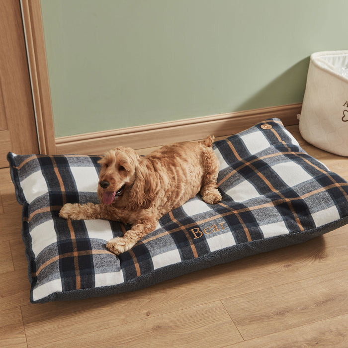 Personalised Deep Duvet Navy Check Large Dog Bed
