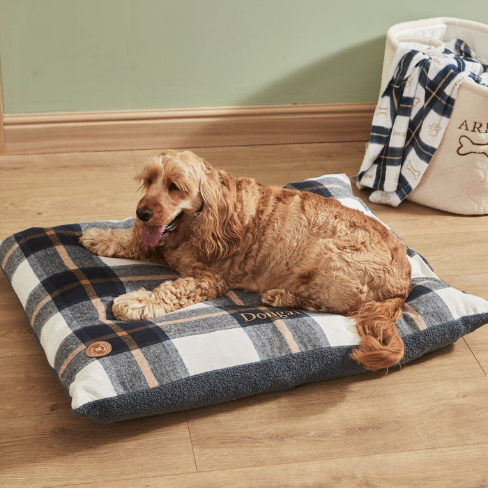 Personalised Deep Duvet Navy Check Medium Dog Bed